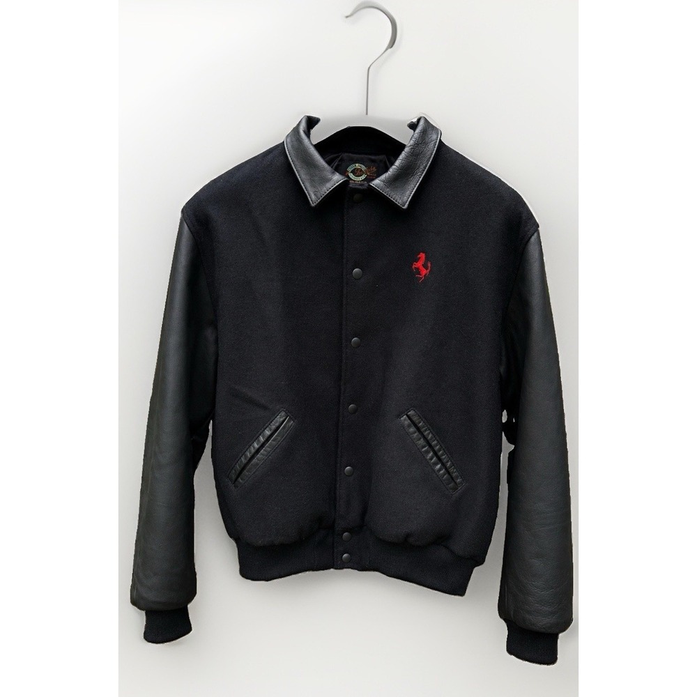Vintage Dehen Ferrari Wool Leather Varsity Jacket USA Black Snap Coat Men's L